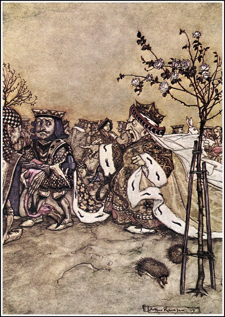 Alices Adventures in Wonderland - A Rainha nunca parou de discutir com os outros jogadores, e gritando: Fora com a cabeça! ou: com a cabeça dela! de Arthur Rackham