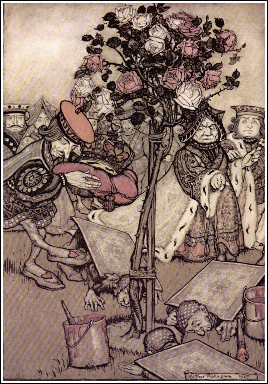 Alices Adventures in Wonderland - A Rainha virou-se furiosamente para longe dele e disse ao Valete: Vire-os.n de Arthur Rackham