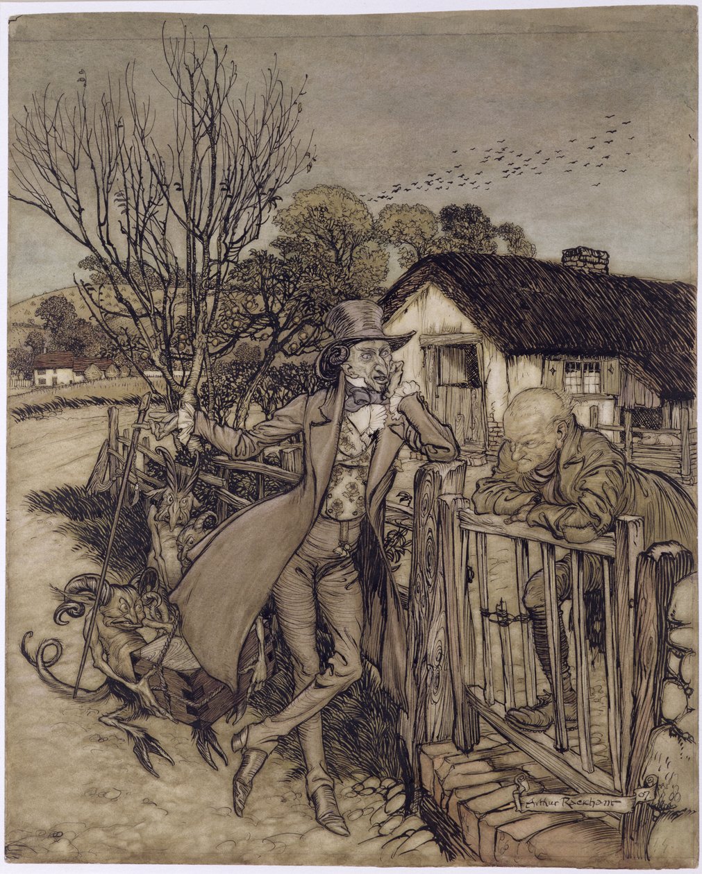Uma barganha com o diabo, 1907 (wc, caneta e tinta no papel) de Arthur Rackham