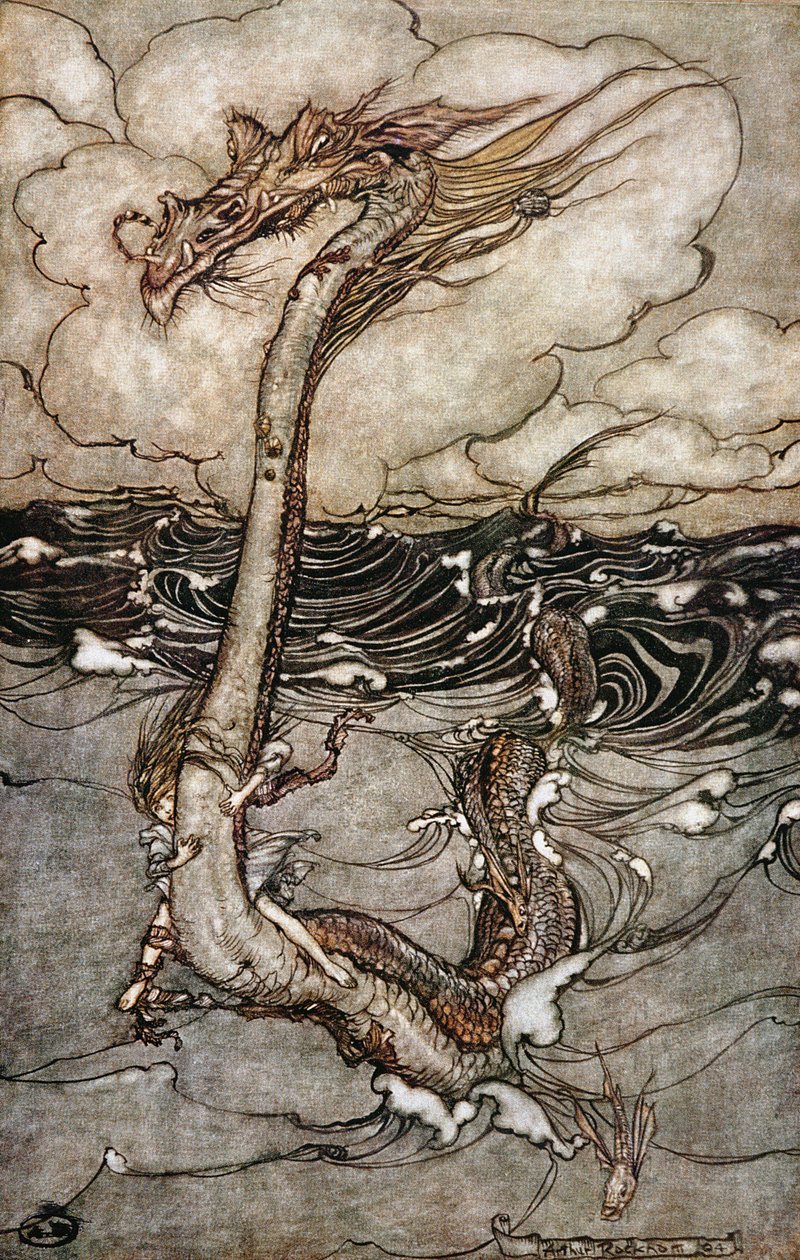 Uma rapariga que monta uma serpente do mar, 1904 de Arthur Rackham