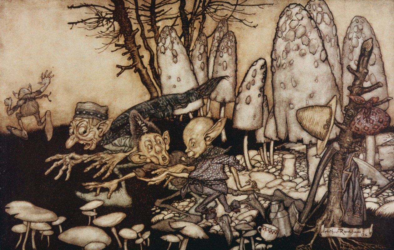Um grupo de operários, que estava cortando um cogumelo, saiu correndo, deixando suas ferramentas para trás de "Peter Pan in Kensington Gardens", de JM Barrie, 1906 de Arthur Rackham