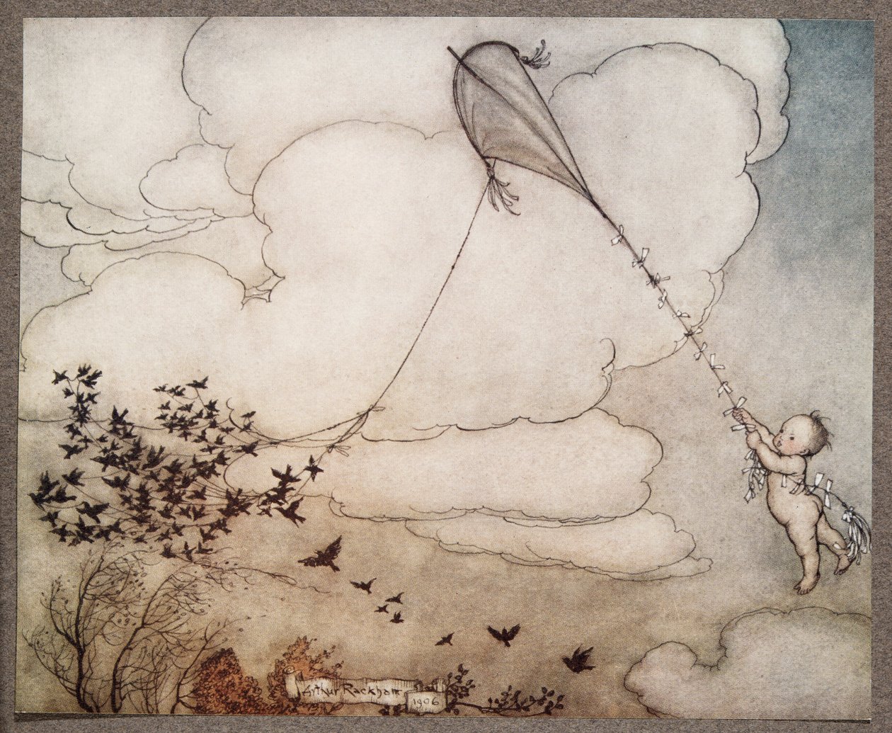 Cem pessoas voaram com a corda, e Peter agarrou-se à cauda, de Peter Pan em Kensington Gardens por JM Barrie (1860 - 1937), pub. 1906 de Arthur Rackham