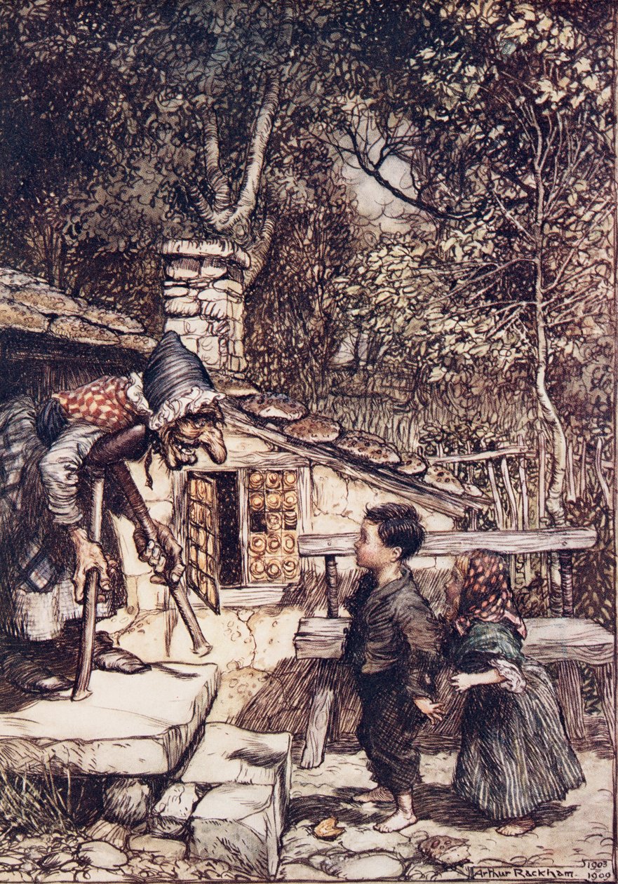 De repente, a porta se abriu e uma mulher velha e velha, apoiando-se numa muleta, saiu mancando , de Os contos de fada dos irmãos Grimm, pub. 1909 de Arthur Rackham