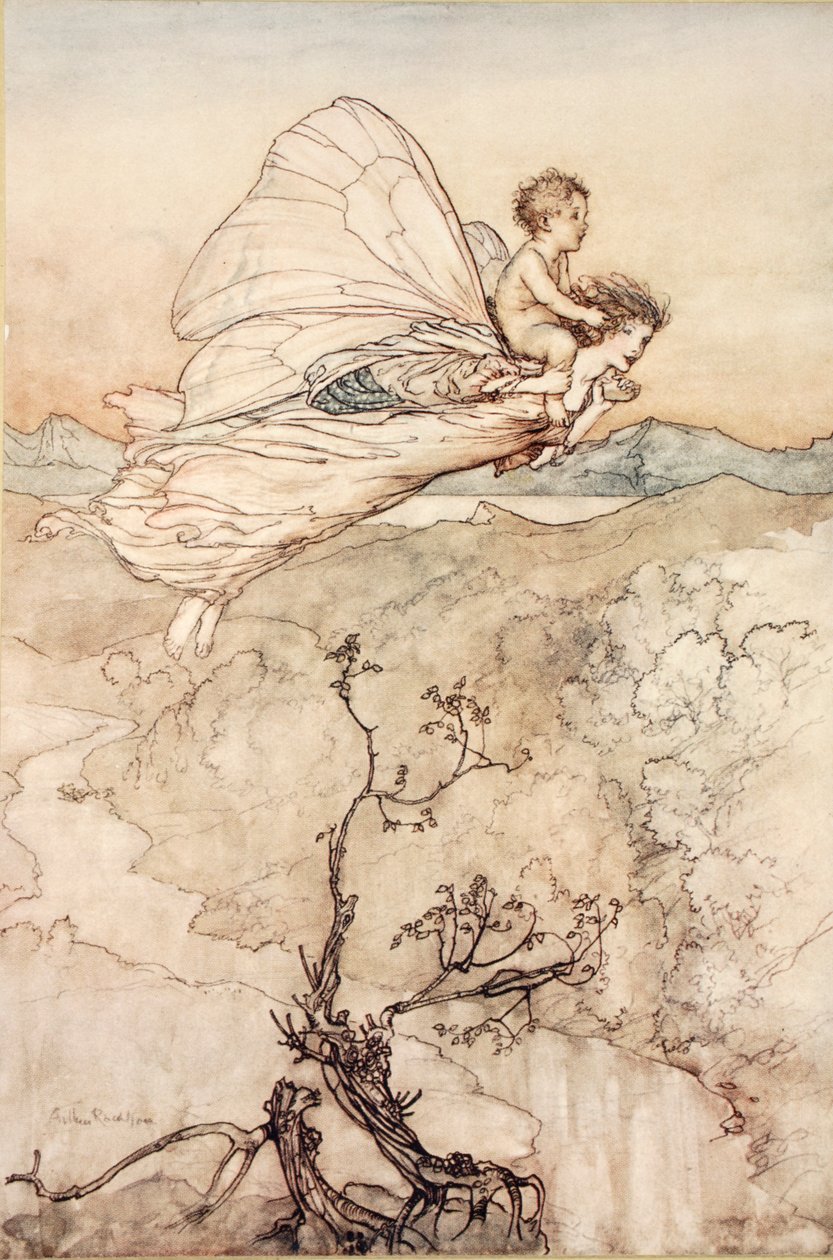 ..E sua fada enviada Para carregá-lo ao meu caramanchão em terra de fadas, ilustração de &39;Sonho de noites de verão&39; por William Shakespeare, 1908 de Arthur Rackham