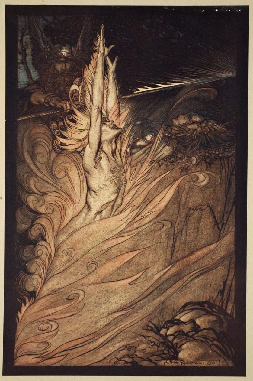 &39;Aparece, fogo cintilante, rodeia a rocha com a tua chama! Loge! Loge! Aparece! &39;, Ilustração de&39; O Rhinegold e a Valquíria &39;, 1910 de Arthur Rackham