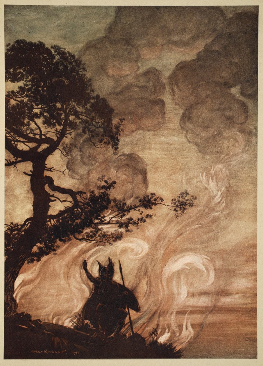 Enquanto se afasta lentamente, Wotan se vira e olha pesaroso para Brunnhilde, ilustração de "O Reno e a Valquíria", 1910 de Arthur Rackham