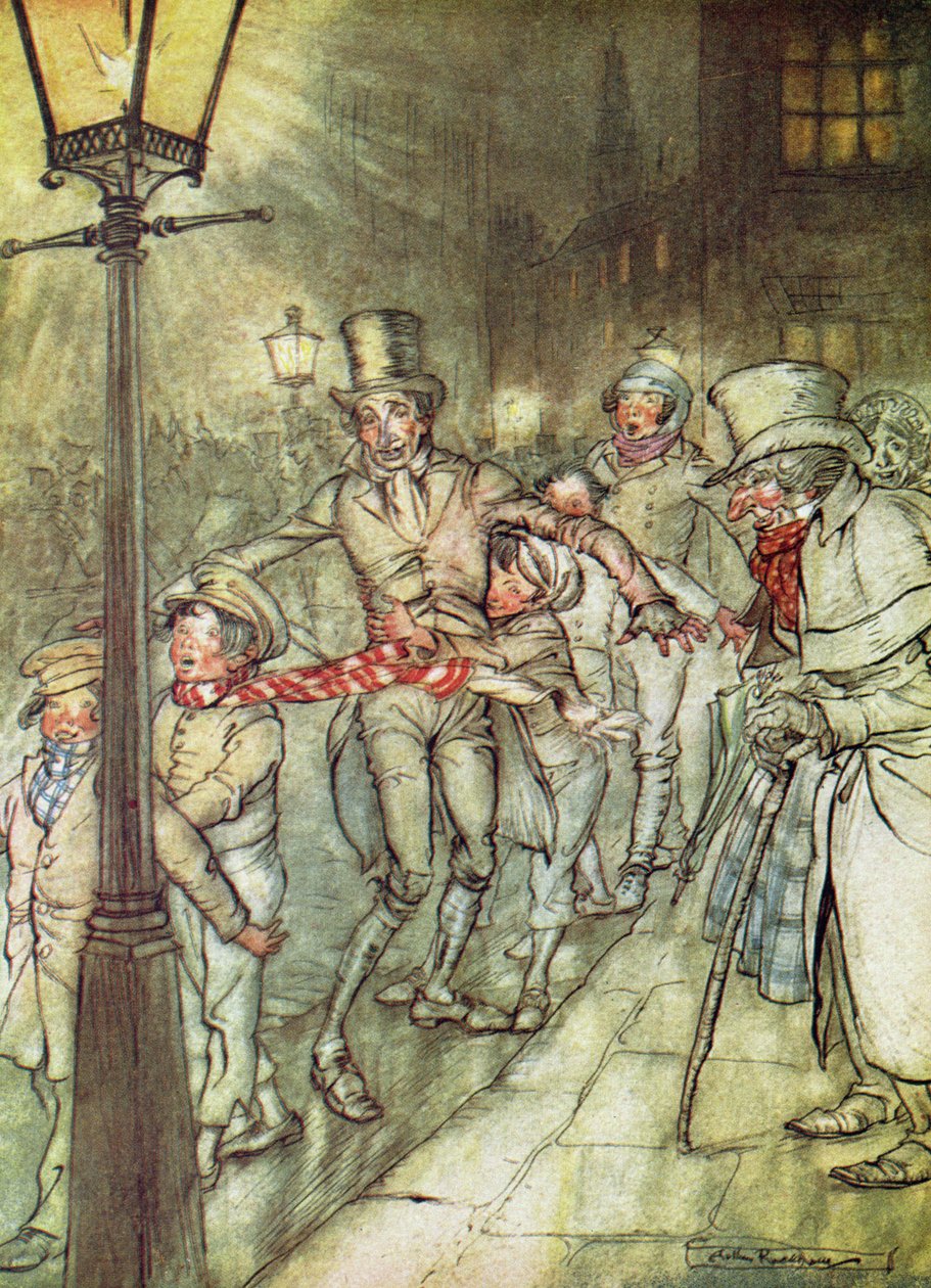 Bob Cratchit desceu um slide em Cornhill, de &39;A Christmas Carol&39; de Arthur Rackham