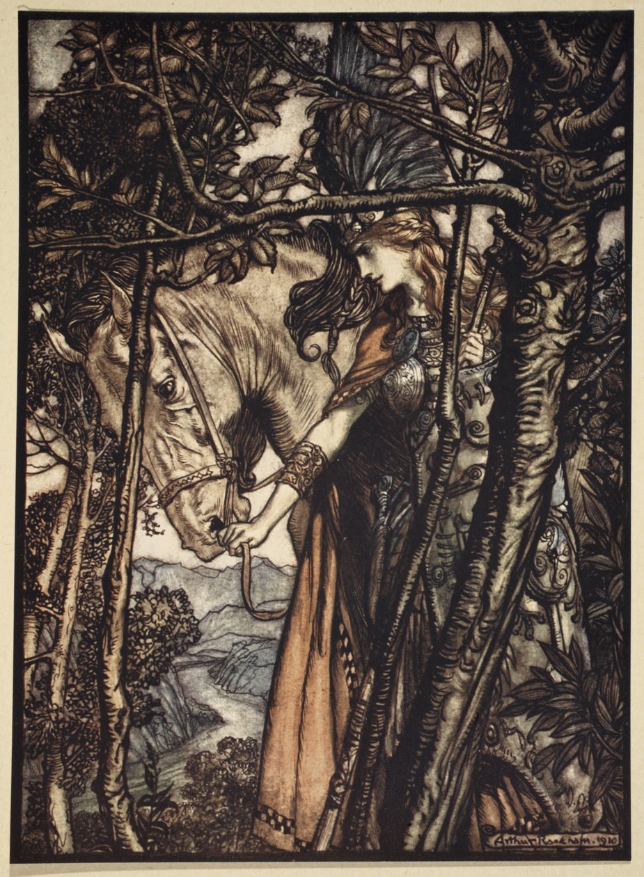 Brunnhilde conduz lenta e silenciosamente seu cavalo pelo caminho até a caverna, ilustração de "O Rhinegold e a Valquíria", 1910 de Arthur Rackham
