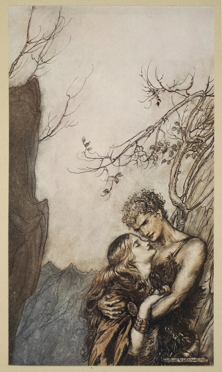 Brunnhilde se joga nos braços de Siegfried, ilustração de "Siegfried and the Twilight of the Gods", 1924 de Arthur Rackham
