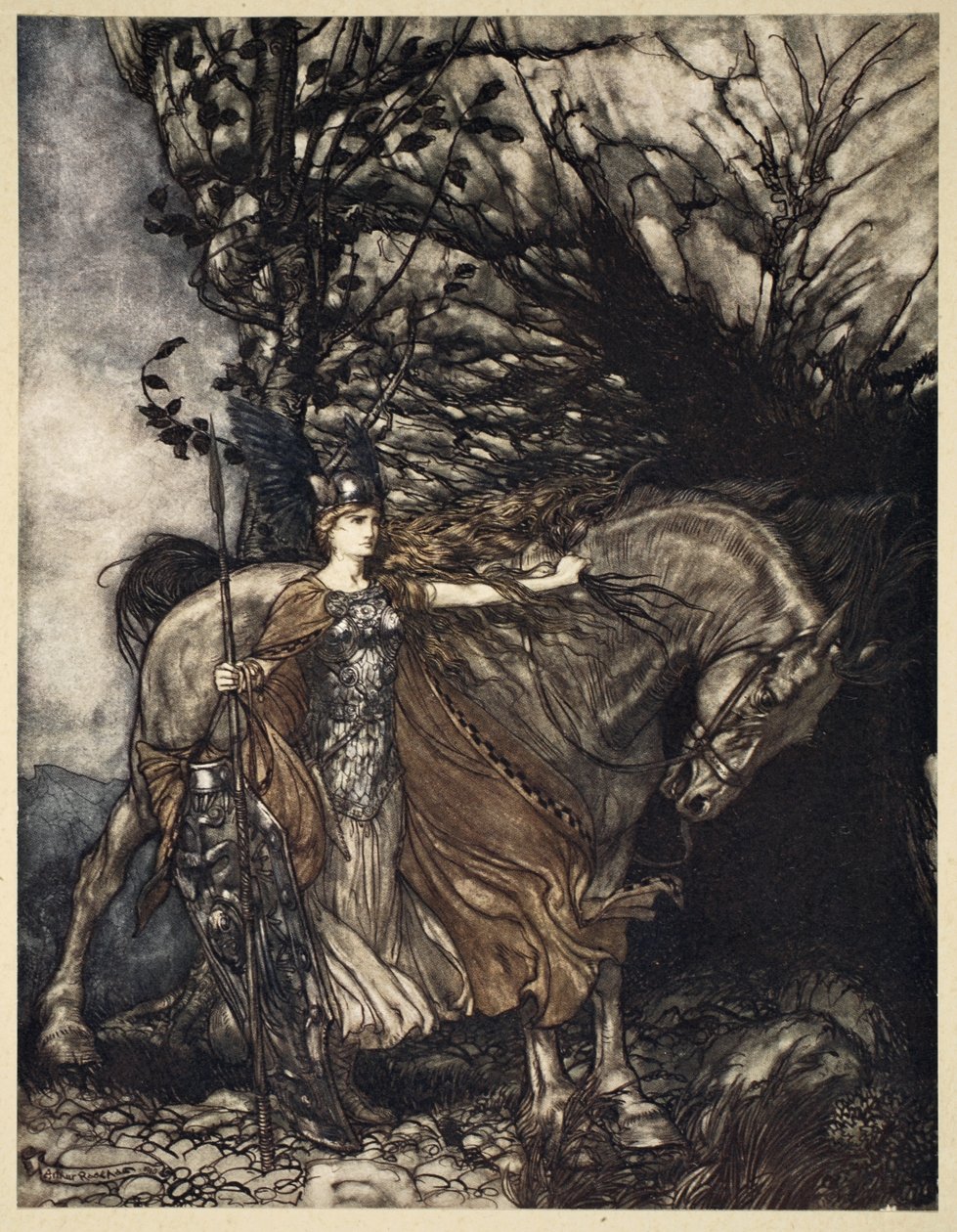Brunnhilde com seu cavalo na boca da caverna, ilustração de &39;O Rhinegold e a Valquíria&39;, 1910 de Arthur Rackham