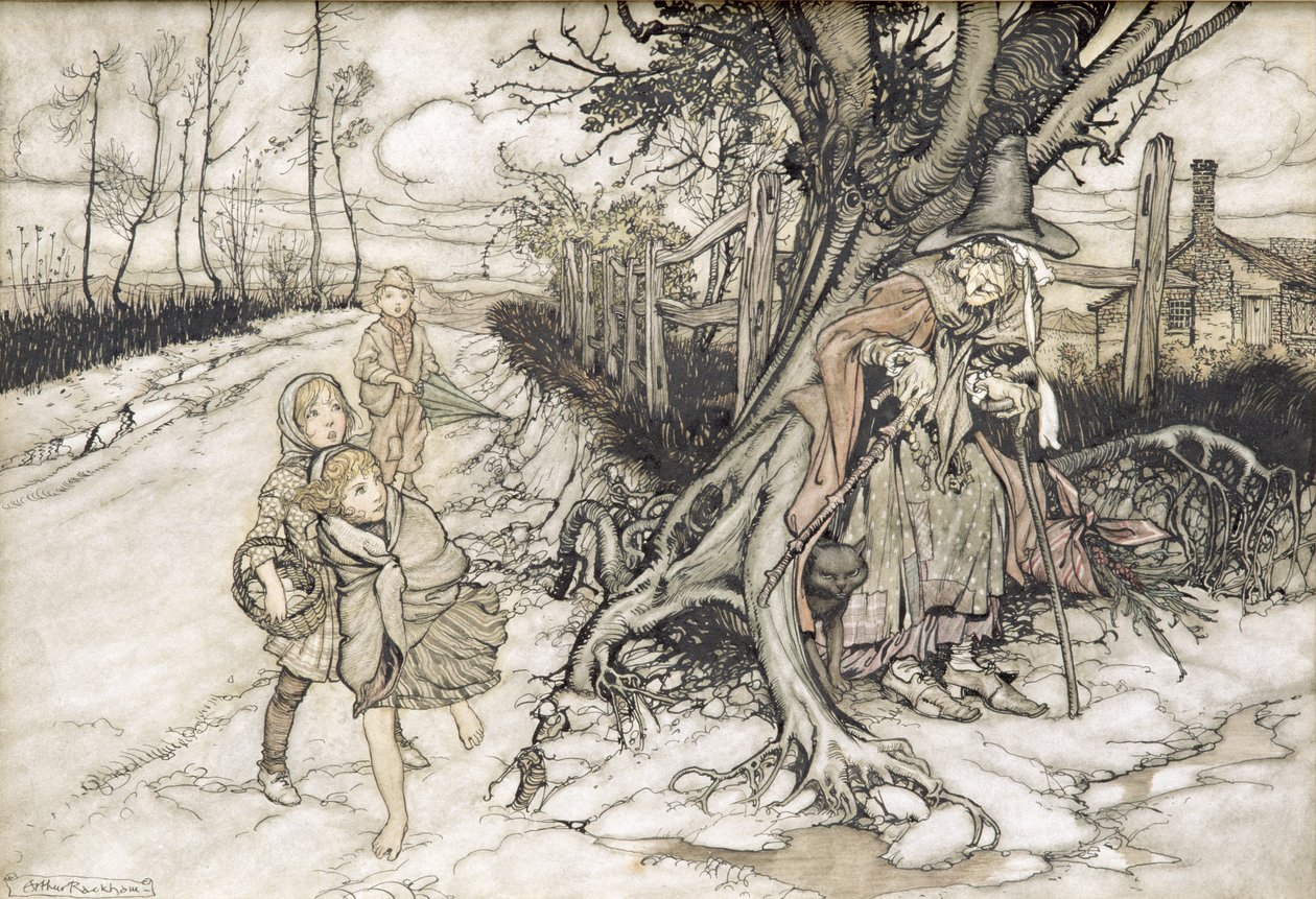 Crianças assustadas por uma bruxa (wc, caneta e tinta no papel) de Arthur Rackham