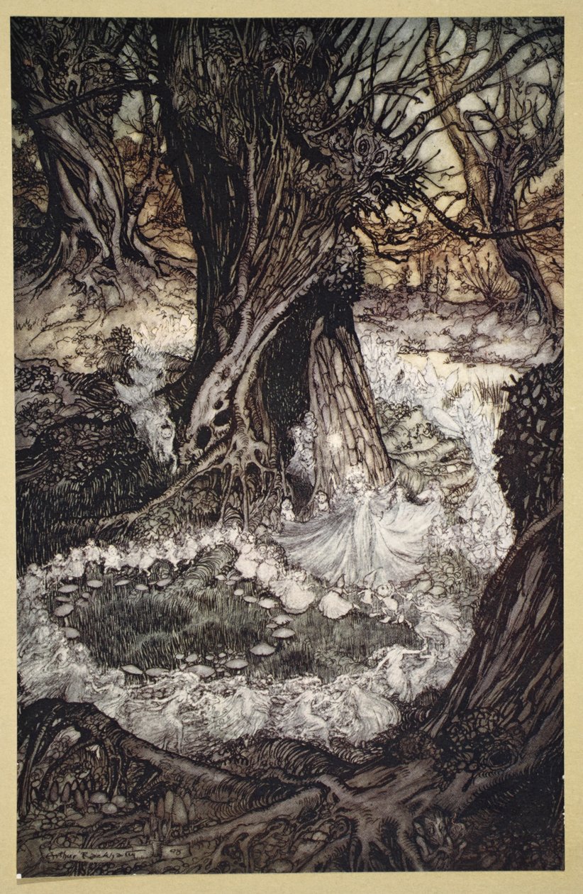 Venha agora em uma ronda, Ilustração de &39;A Midsummer Night&39;s Dream&39;, de William Shakespeare, 1908 de Arthur Rackham