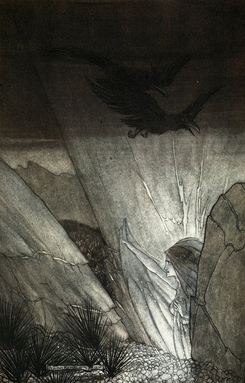 &39;Erda te pede cuidado&39;, ilustração de &39;O Rhinegold e a Valquíria&39;, 1910 de Arthur Rackham