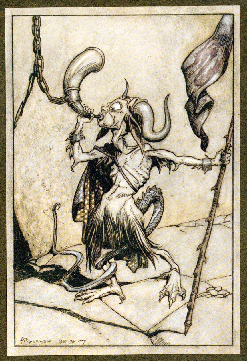 Antes do chifre no Portão da Torre Barbican, foi soprado com um forte poder de vinte trombeteiros, do The Ingoldsby Legends, pub. 1907 de Arthur Rackham