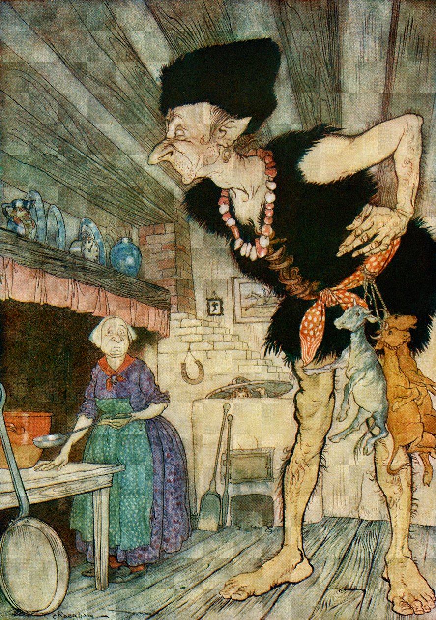 Fee fi fo fum Eu cheiro o sangue de um inglês, ilustração de Jack and the Beanstalk de English Fairy Tales Retold por FA Steel, 1927 de Arthur Rackham