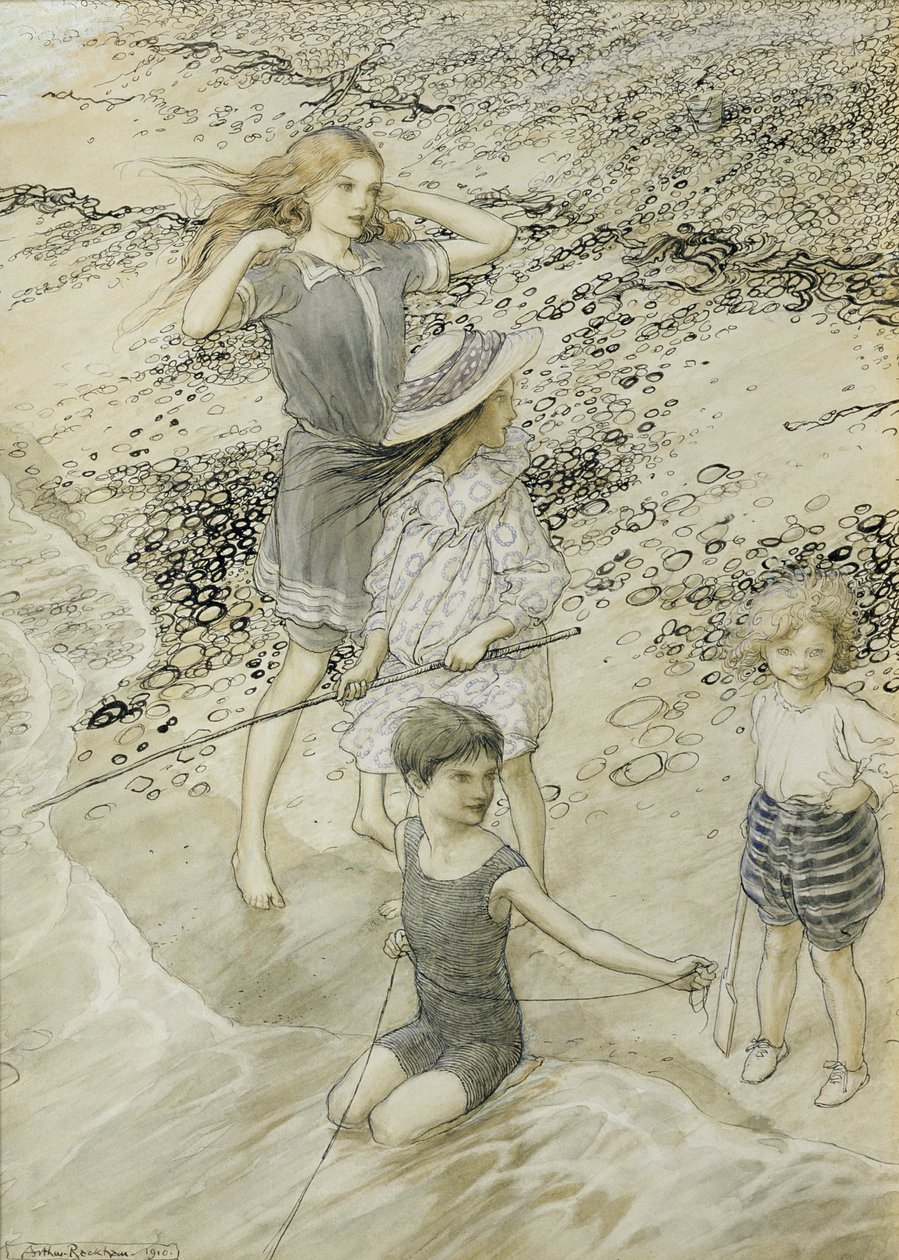 Quatro crianças à beira-mar, 1910 de Arthur Rackham