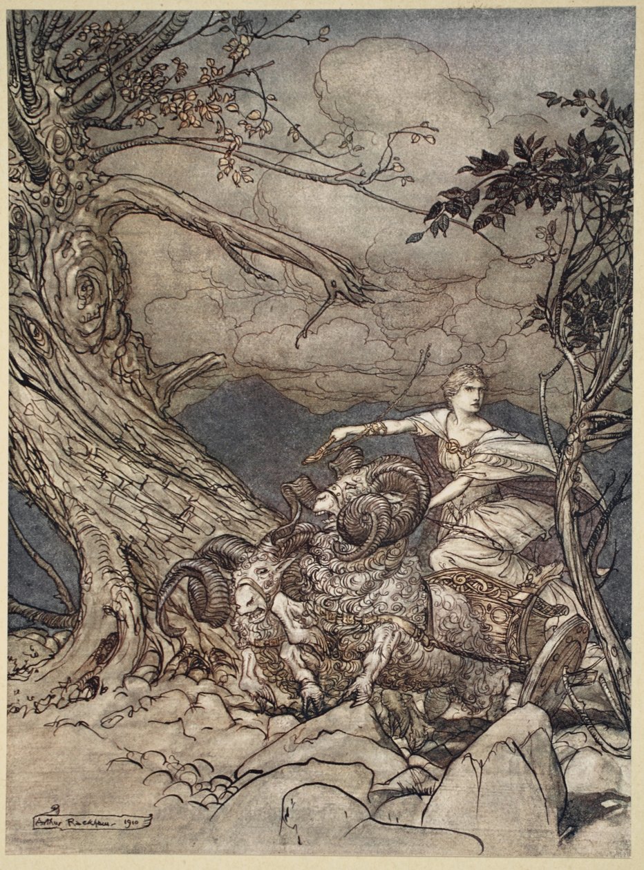 Fricka se aproxima com raiva, ilustração de "The Rhinegold and the Valkyrie", 1910 de Arthur Rackham