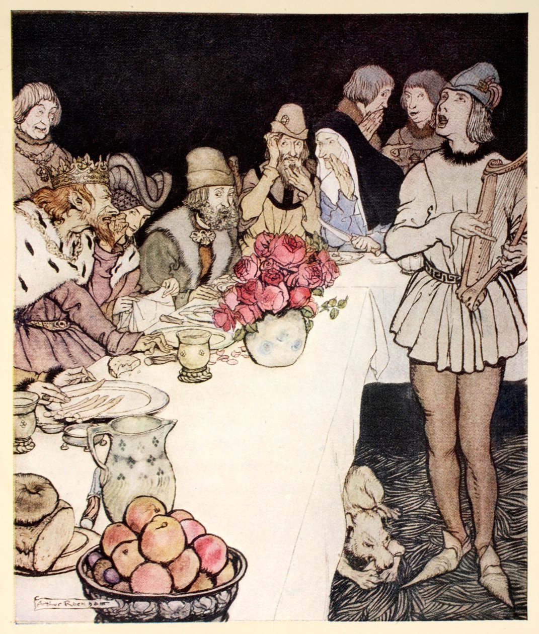 Como em um grande festival que o rei Marcos fez, Eliot fez o harpista e cantou o leigo que Dinalan havia feito, ilustração de "O romance do rei Artur e seus cavaleiros da Távola Redonda", de Alfred W. Pol. de Arthur Rackham