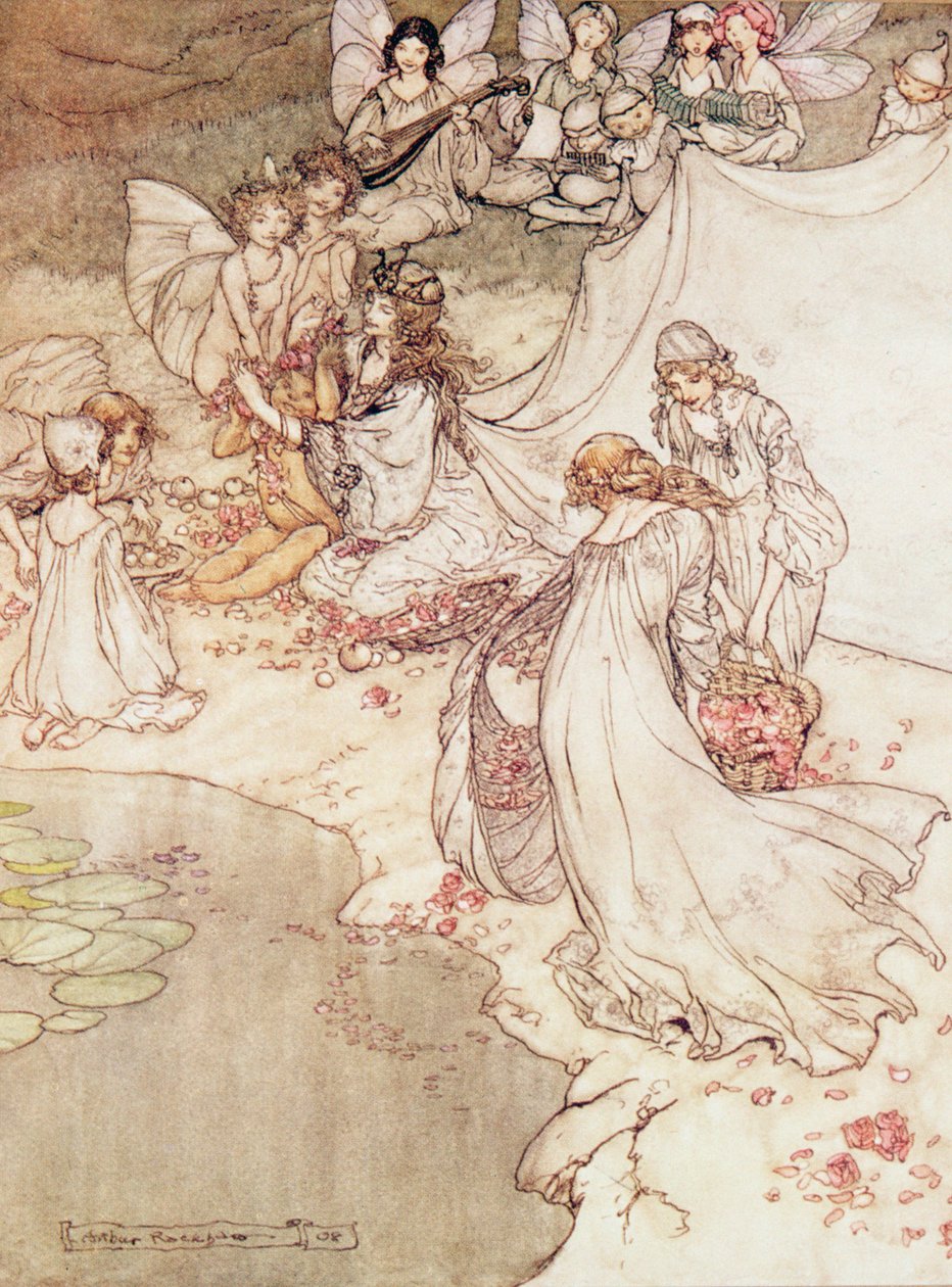 Ilustração para um conto de fadas, Rainha das fadas, cobrindo uma criança com flor de Arthur Rackham