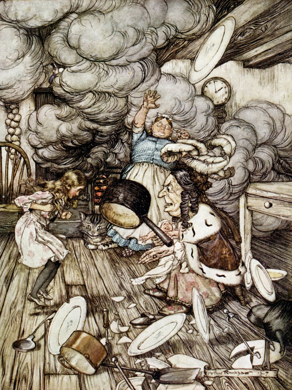 Na Cozinha da Duquesa, ilustração de "Alice no País das Maravilhas", de Lewis Carroll (1832-98) 1907 de Arthur Rackham