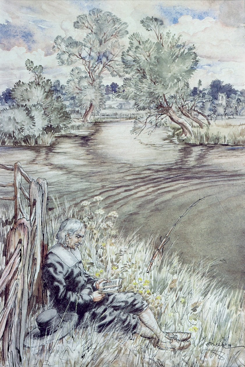 Izaak Walton reclinado contra uma cerca, de &39;The Compleat Angler&39; por Izaak Walton, 1931 de Arthur Rackham