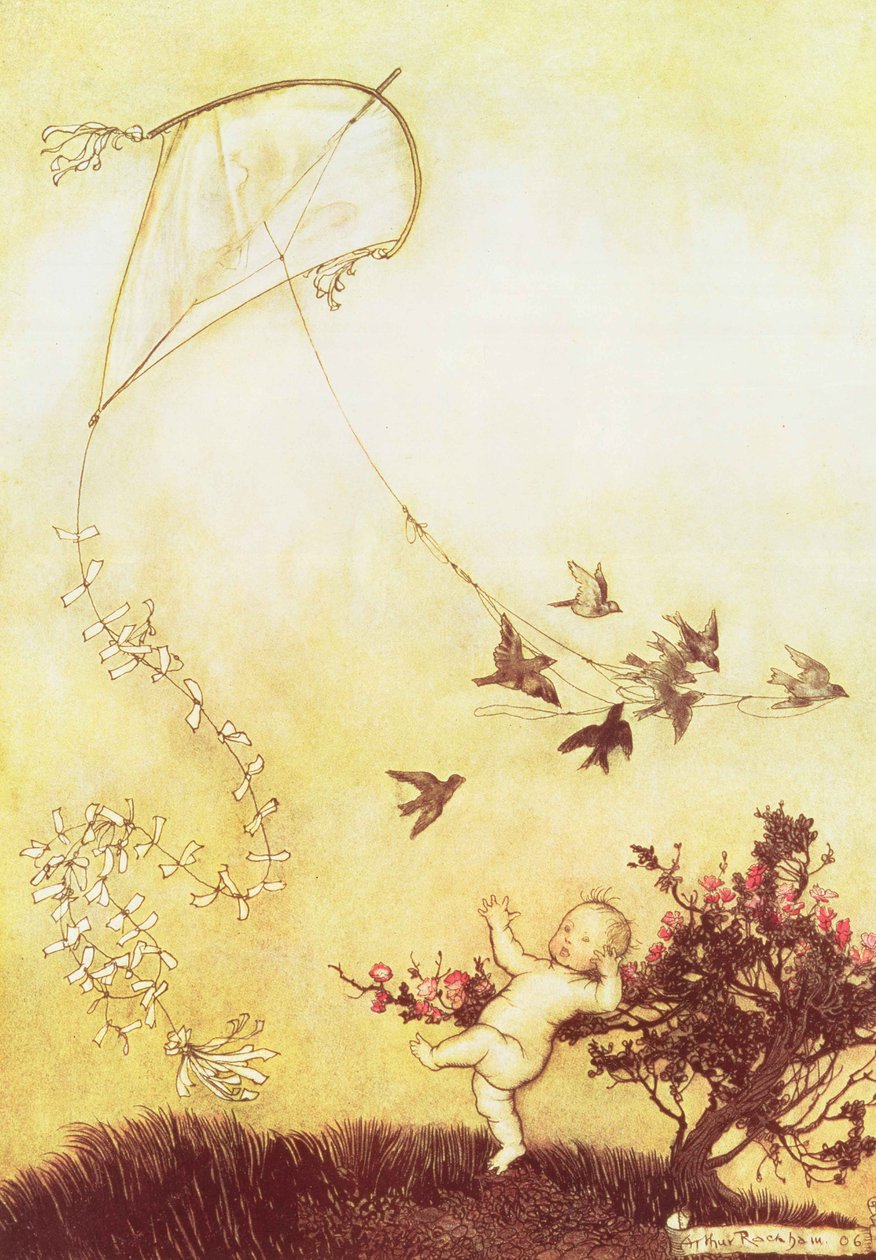 Kite Flying em Kensington Gardens de &39;Peter Pan em Kensington Gardens&39; por JM Barrie, 1906 de Arthur Rackham
