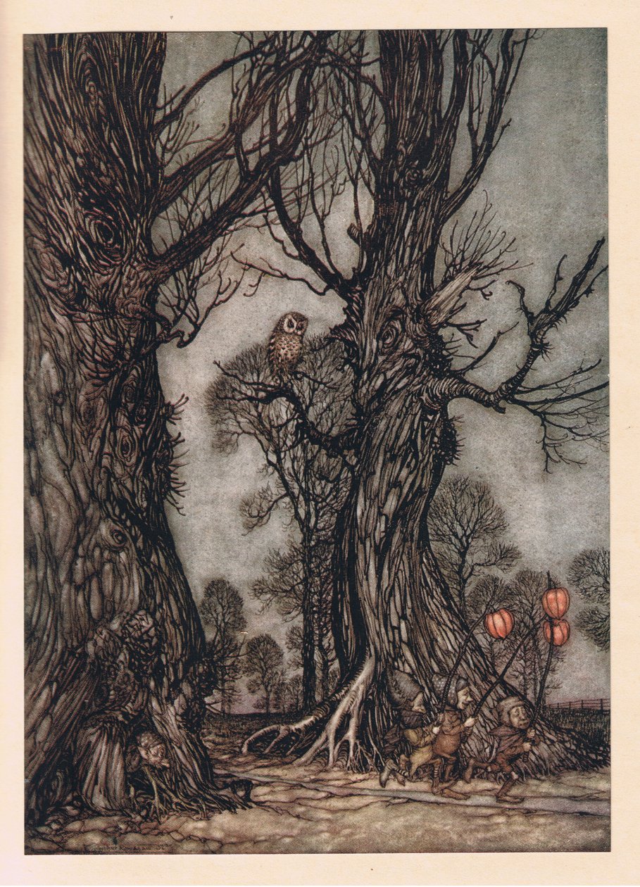 Linkmen na frente carregando cerejas de inverno de Arthur Rackham