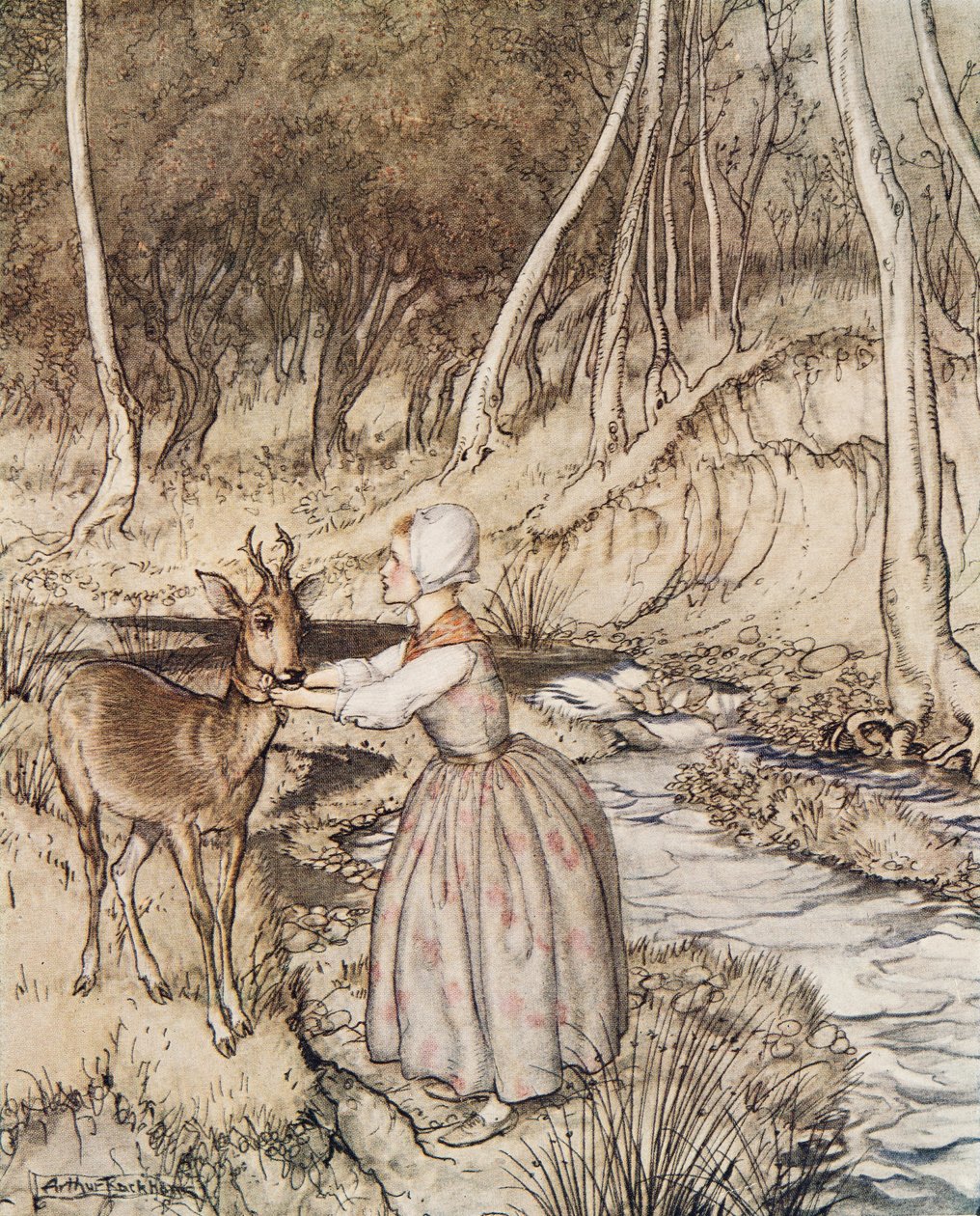 Irmãozinho e irmãzinha, de irmão mais novo & irmãzinha e outros contos pelos irmãos Grimm, pub.1917 de Arthur Rackham