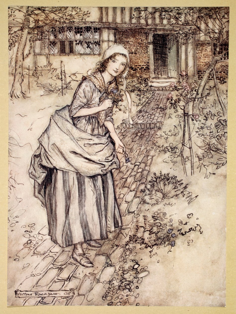 As donzelas chamam de amor-na-ociosidade, ilustração de &39;Sonho de noites de verão&39; por William Shakespeare, 1908 de Arthur Rackham