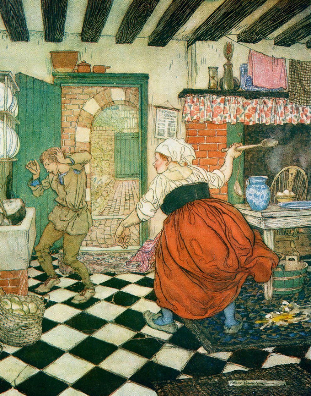 Manys a surra que ele tinha da vassoura ou concha, ilustração para Dick Whittington e seu gato, de Inglês Fairy Tales Retold por FA Steel, 1927 de Arthur Rackham