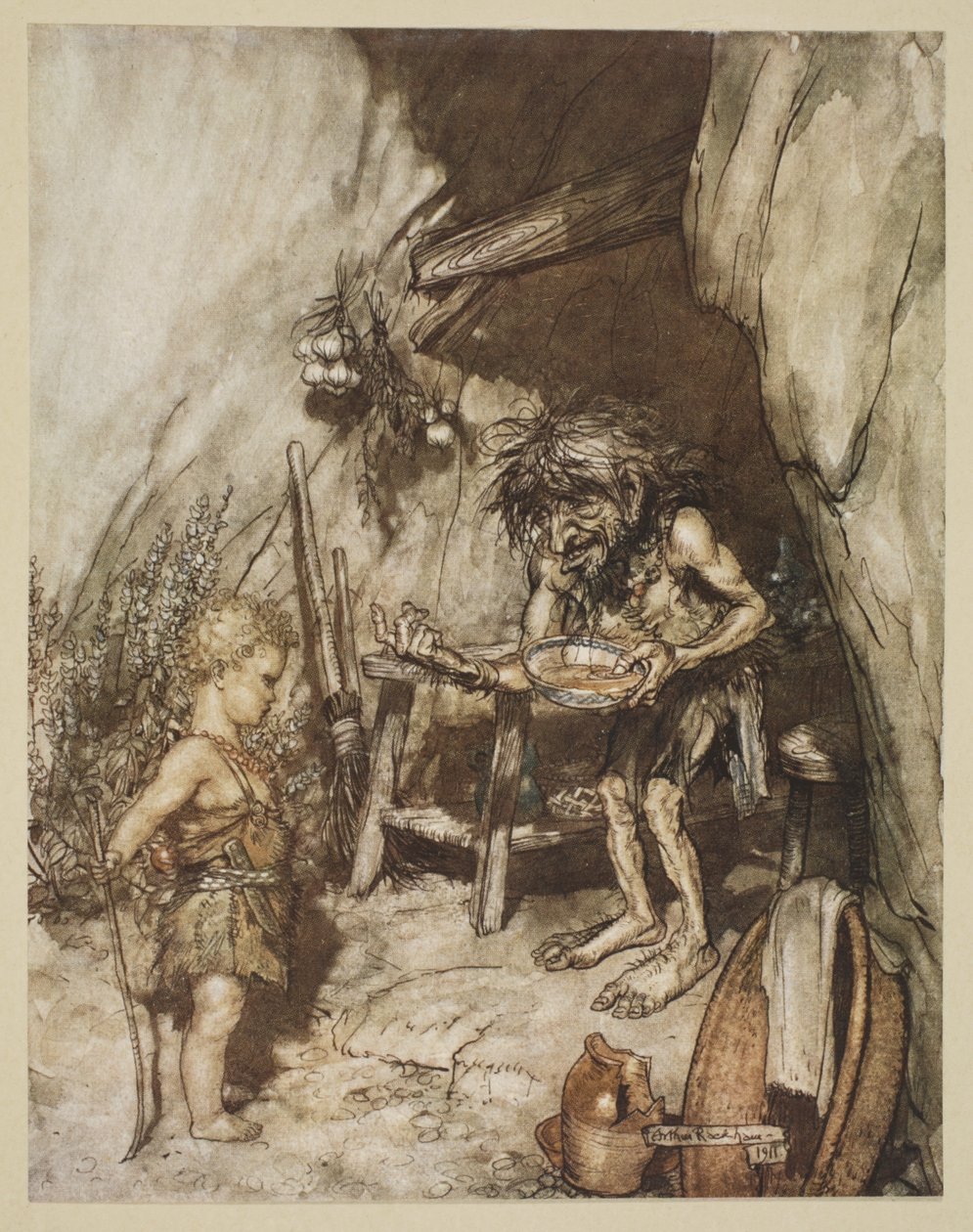 Mime e o bebê, ilustração de "Siegfried e o crepúsculo dos deuses", 1924 de Arthur Rackham