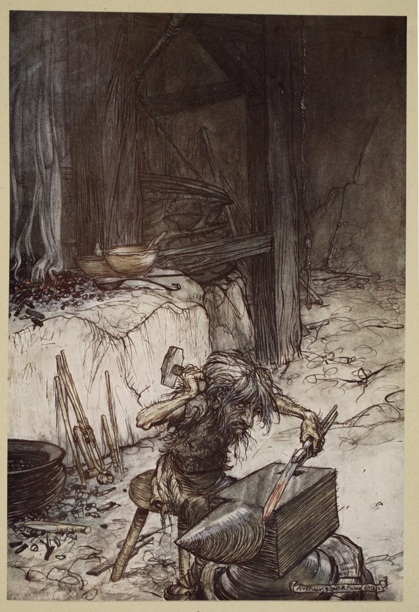 Mime na bigorna, ilustração de &39;Siegfried e o crepúsculo dos deuses&39;, 1924 de Arthur Rackham