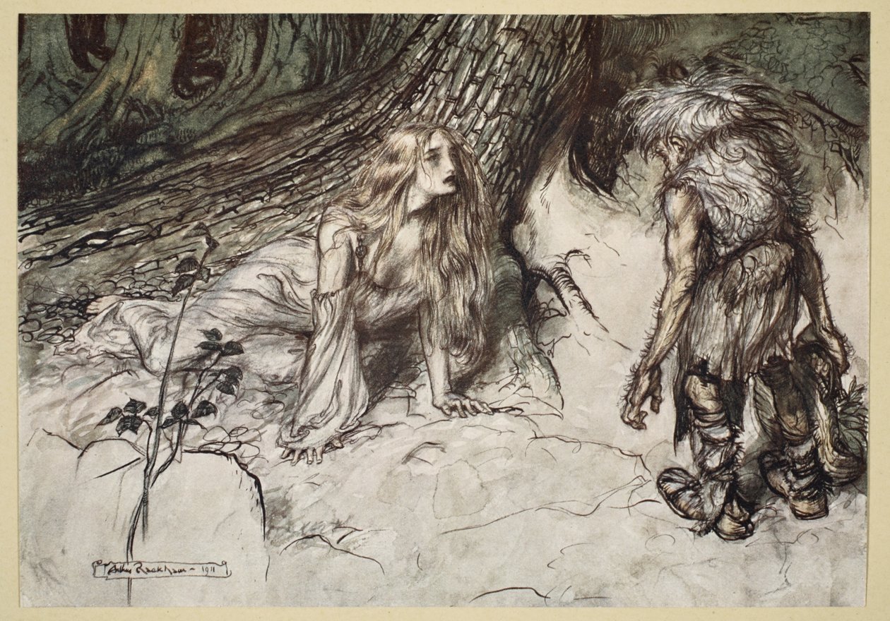 Mime encontra a mãe de Siegfried na floresta, ilustração de "Siegfried and the Twilight of the Gods", 1924 de Arthur Rackham