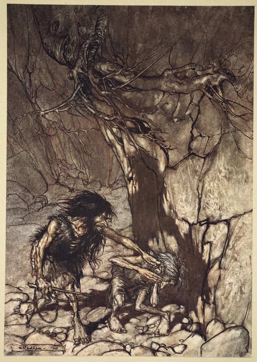 Mime uivando &39;Ohe! Ohe! Oh! Oh! &39;, Ilustração de&39; O Rhinegold e a Valquíria &39;, 1910 de Arthur Rackham