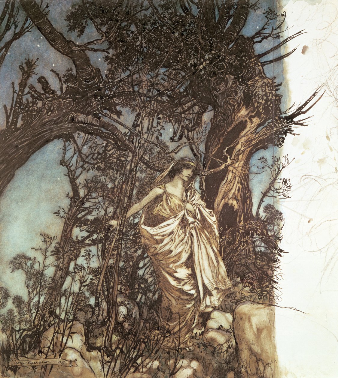 Ilustração nunca tão cansativa, nunca tão lamentável, de "Sonho de uma noite de verão", 1908 de Arthur Rackham