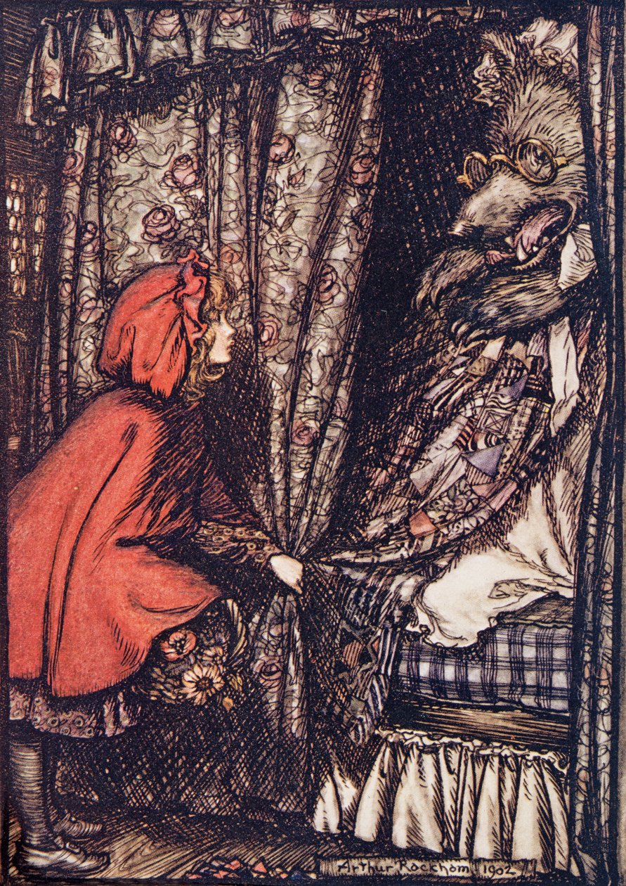 Vovó, que orelhas grandes você tem, disse ela, de Os contos de fada dos irmãos Grimm, pub. 1909 de Arthur Rackham