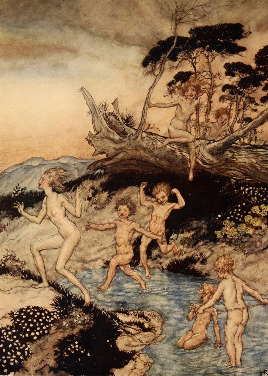 Oh, que bom momento era estar vivo, ilustração de "Um livro de maravilhas para meninas e meninos", de Nathaniel Hawthorne, 1928 de Arthur Rackham