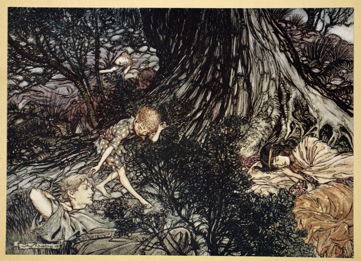 No chão Som do sono: Vou aplicar Para o seu olho, Gentil amante, remédio, ilustração de &39;Sonho de uma noite de verão&39;, de William Shakespeare, 1908 de Arthur Rackham