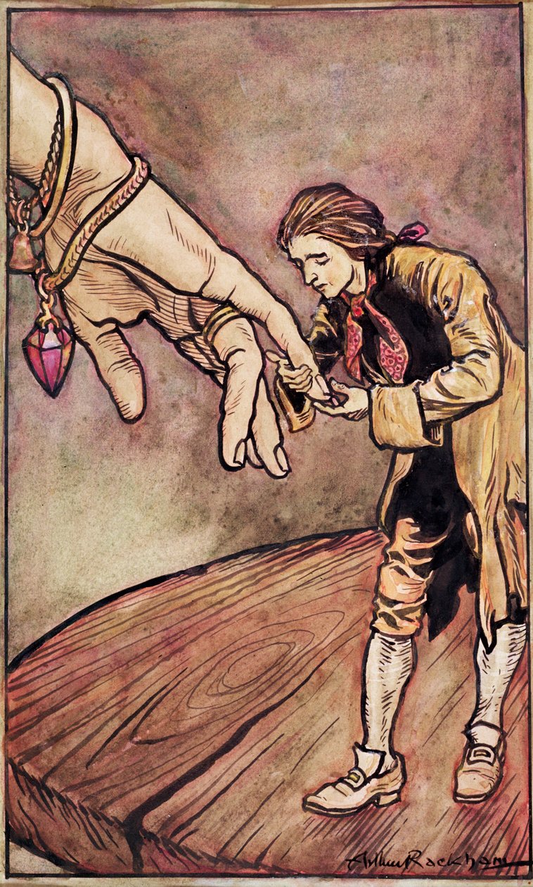 Ilustração original em aquarela de &39;Gulliver&39;s Travels&39; por Swift, Gulliver em Brobdingnag, 1909 de Arthur Rackham
