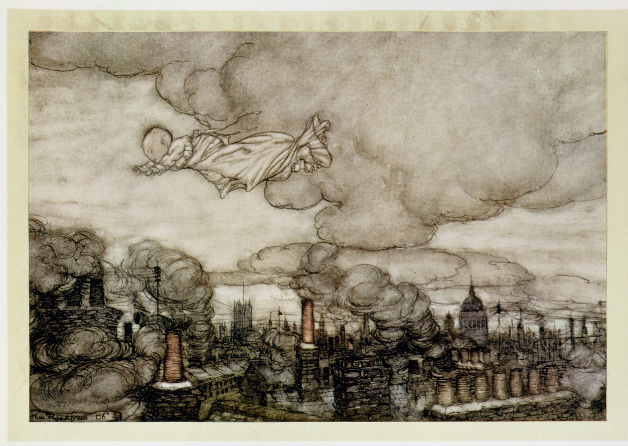 Peter Pan sobrevoando Londres, ilustração de &39;Peter Pan&39; por JM Barrie (1860-1937) de Arthur Rackham