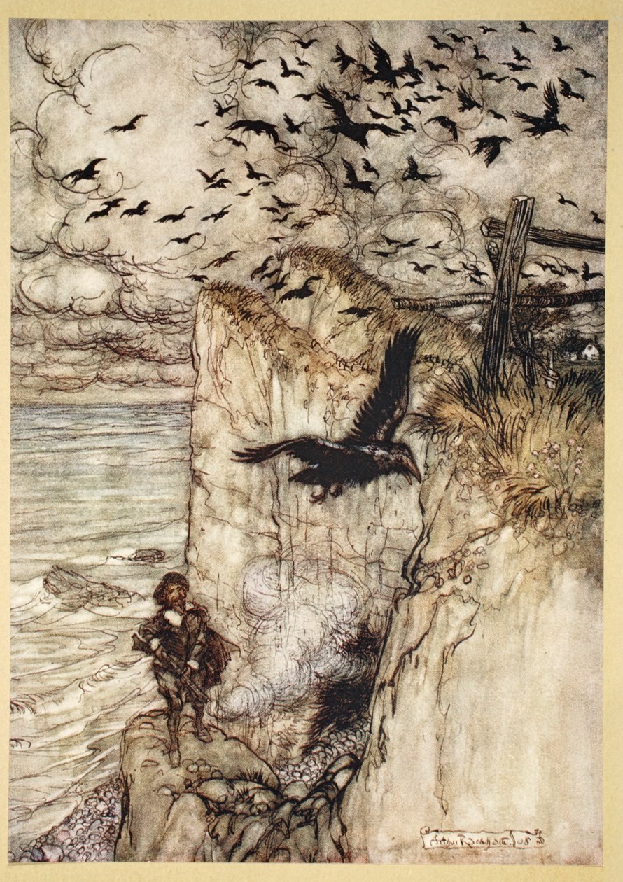 ..Russet-pated choughs, muitos em espécie, Rising e grasnar no relatório da arma, ilustração de &39;Midsummer Nights Dream&39; por William Shakespeare, 1908 de Arthur Rackham
