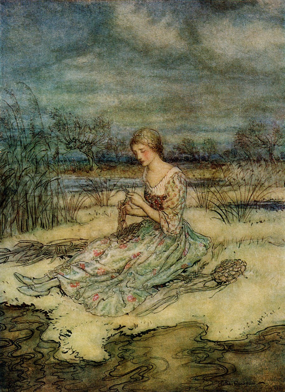Ela sentou-se e entrançou-se com um conjunto de juncos e bonés para combinar, de inglês Fairy Tales Retold de FA Steel, 1927 de Arthur Rackham