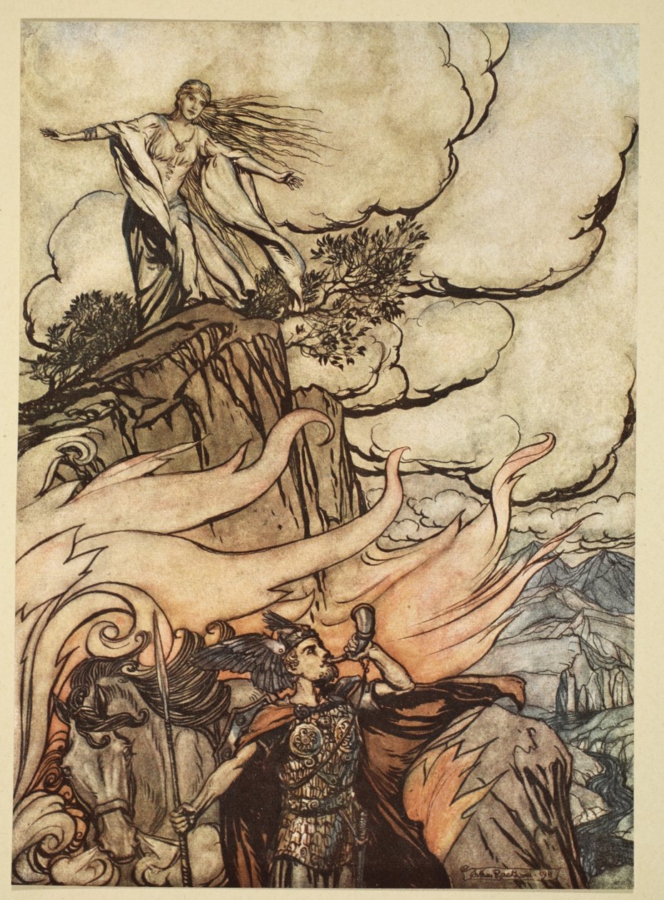 Siegfried deixa Brunnhilde em busca de aventura, ilustração de &39;Siegfried e o Crepúsculo dos Deuses&39;, 1924 de Arthur Rackham