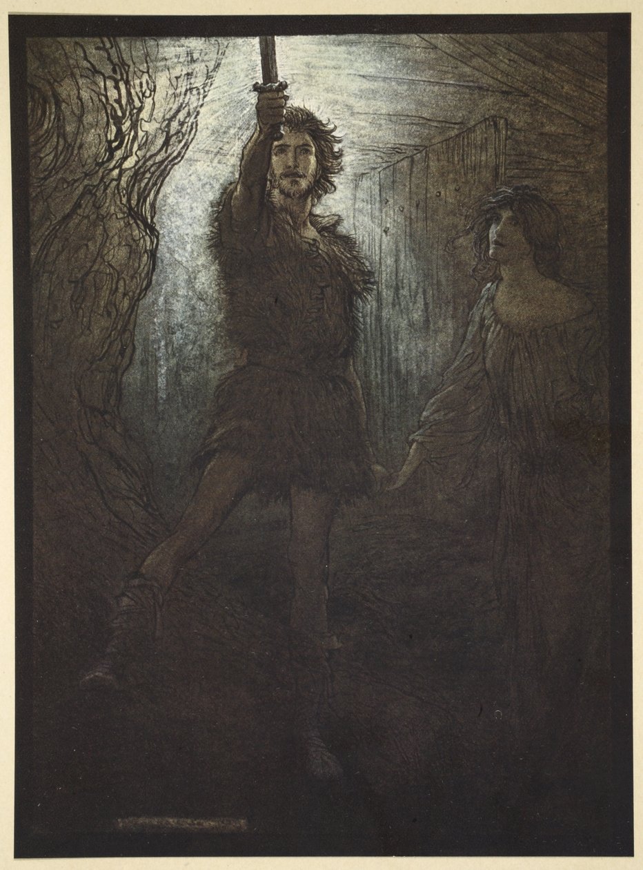 &39;Siegmund o Walsung tu vês! Como presente de noiva, ele traz sua espada &39;, ilustração de&39; O Rhinegold e a Valquíria &39;, 1910 de Arthur Rackham