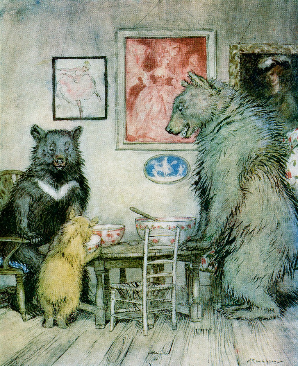 Alguém esteve no meu mingau e comeu tudo, de &39;English Fairy Tales Retold&39; de FA Steel, publicado em 1927 de Arthur Rackham