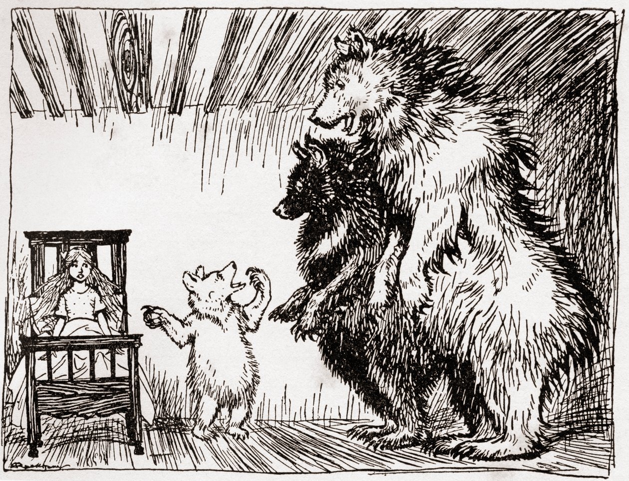 Alguém esteve deitado na minha cama, e aqui está ela, ilustração de Cachinhos Dourados e os Três Ursos, de English Fairy Tales Retold, de FA Steel, 1927 de Arthur Rackham