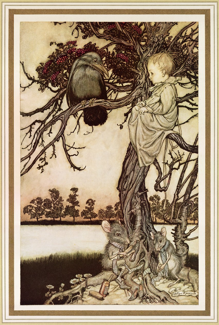 Conversando com o corvo de &39;Peter Pan em Kensington Gardens&39; por JM Barrie, 1906 de Arthur Rackham