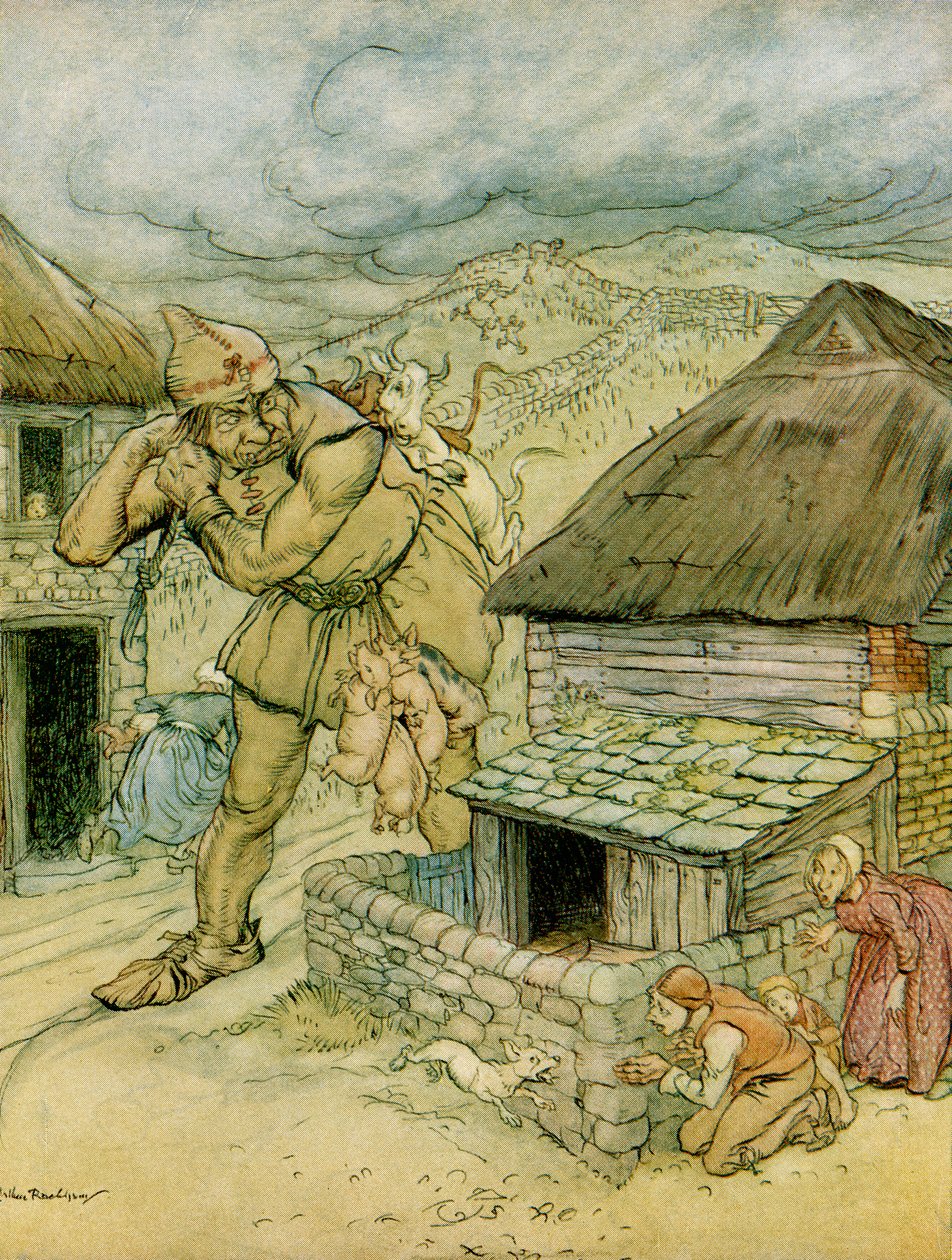 O Cormoran Gigante era o terror de todo o campo, ilustração para Jack o Assassino Gigante de Contos de Fadas Ingleses Retold por FA Steel, 1927 de Arthur Rackham