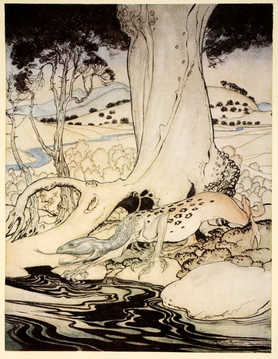 The Questing Beast, ilustração de "O romance do Rei Arthur e seus cavaleiros da Távola Redonda", de Alfred W. Pollard, 1910 de Arthur Rackham