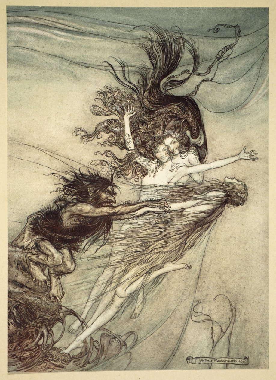 O Rhinemaidens provocando Alberich, ilustração de &39;O Rhinegold e o Valkyrie&39;, 1910 de Arthur Rackham